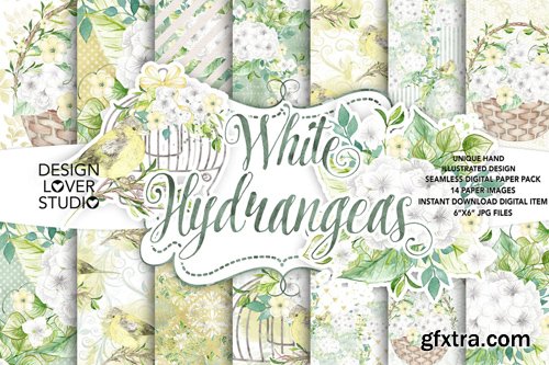 Watercolor White Hydrangea Digital Paper Pack