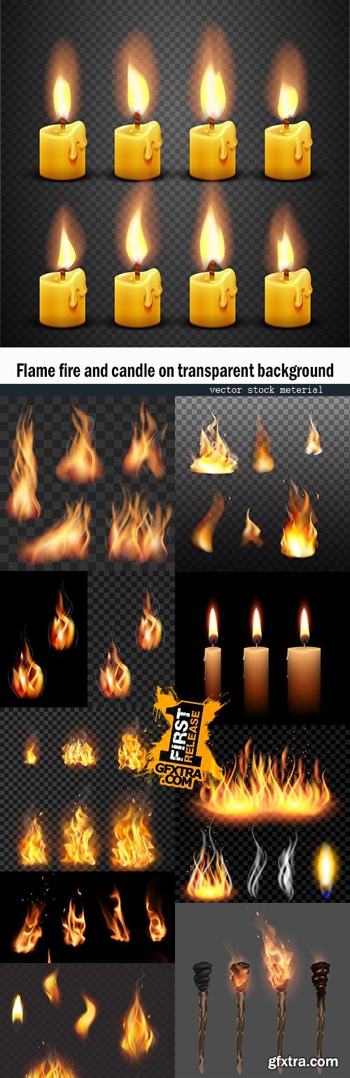 Flame fire and candle on transparent background