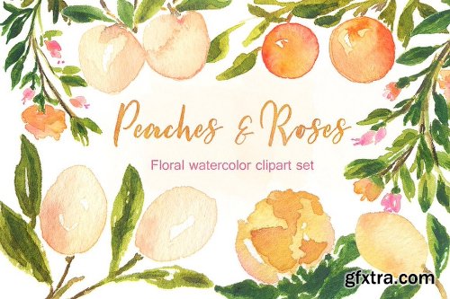 CreativeMarket Peaches Roses and gold watercolor 1161045