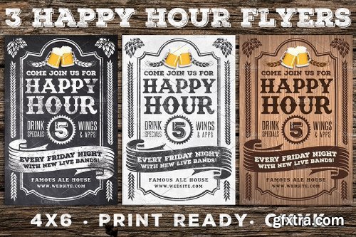 CreativeMarket 3 Vintage Happy Hour Flyers 1158845