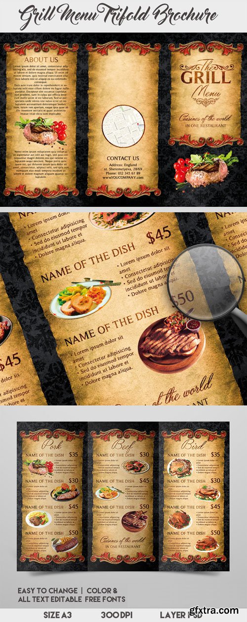 Grill Menu Trifold Brochure PSD Template