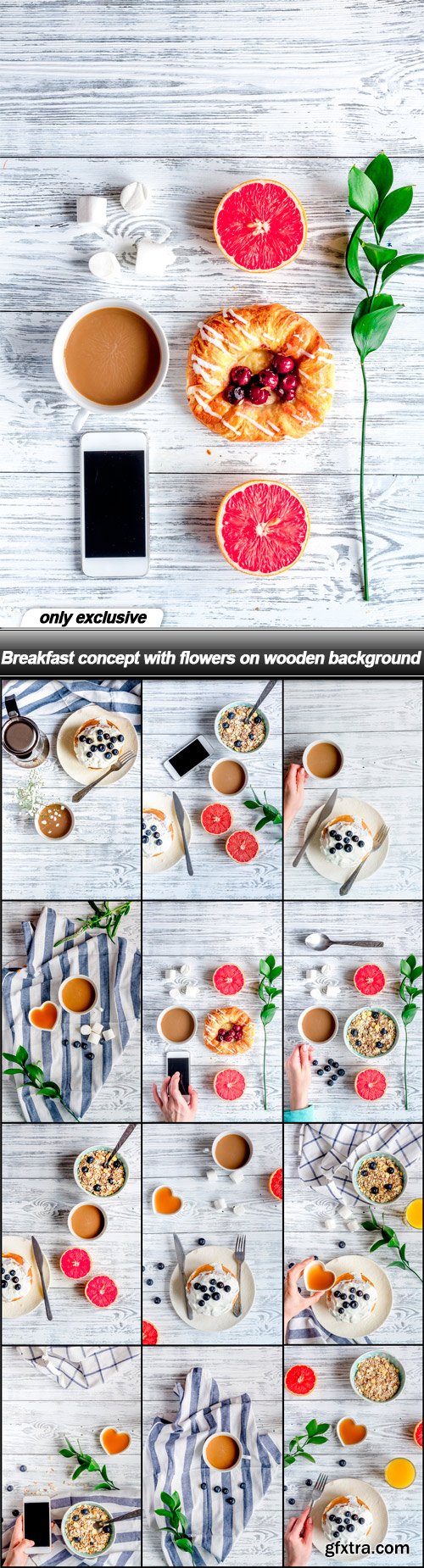 Breakfast concept with flowers on wooden background - 13 UHQ JPEG