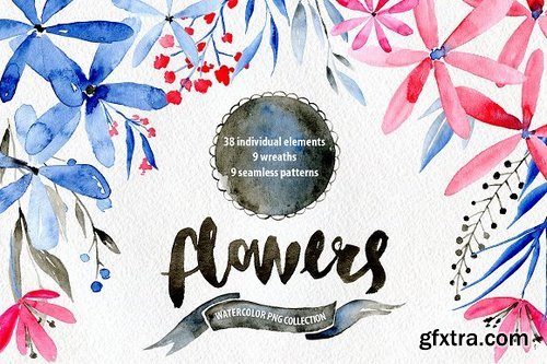 CM - Watercolor flowers: blue, red, brown 1112972