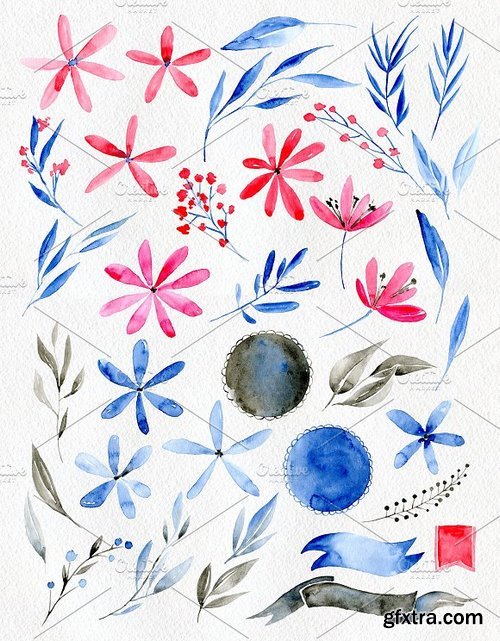 CM - Watercolor flowers: blue, red, brown 1112972