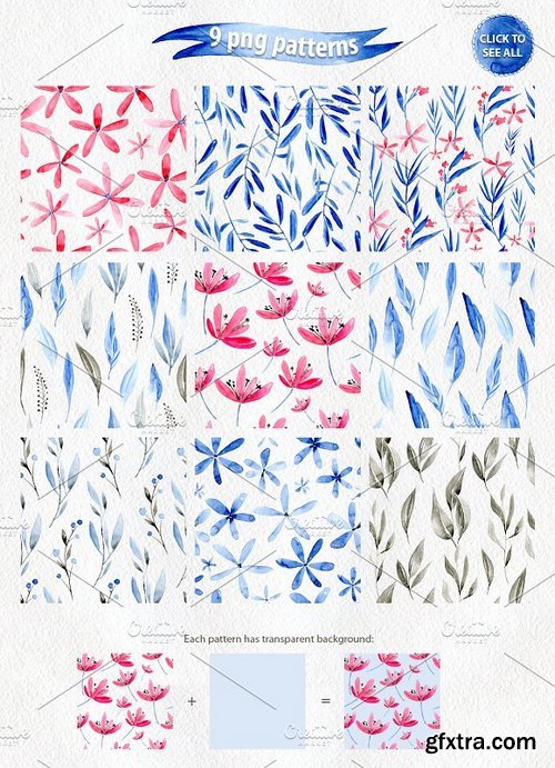 CM - Watercolor flowers: blue, red, brown 1112972