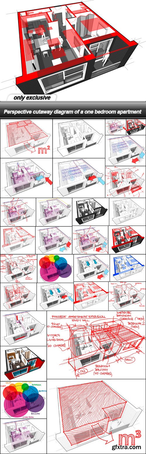 Perspective cutaway diagram of a one bedroom apartment - 30 EPS