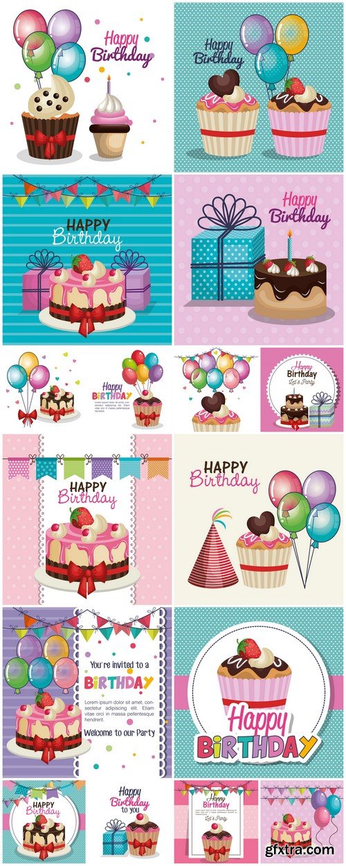 Happy birthday party invitation with sweet cupcake 16X EPS