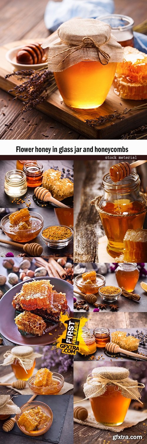 Flower honey in glass jar and honeycombs