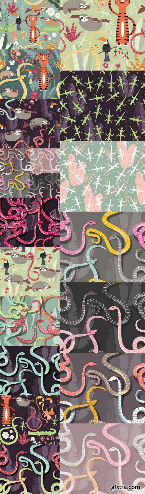 Seamless pattern with colorful intertwined striped rain forest snakes