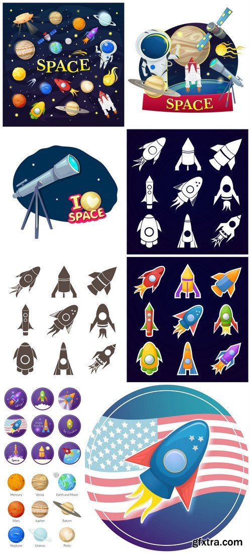 Icons of the planet of the solar system, vector illustration 9X EPS