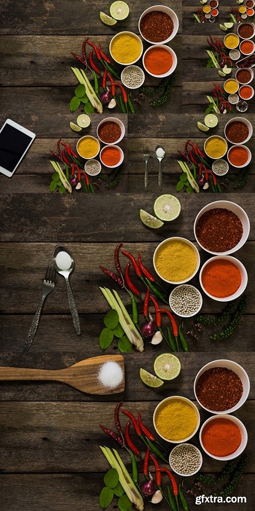 Spices with ingredients on dark background. asian food, cooking