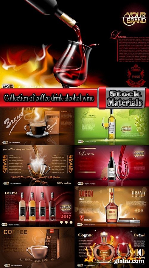 Collection of coffee drink alcohol wine whiskey brandy cognac 9 EPS