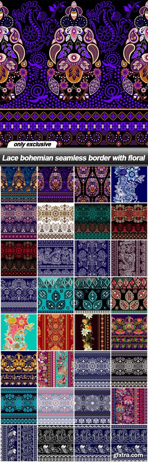 Lace bohemian seamless border with floral - 32 EPS