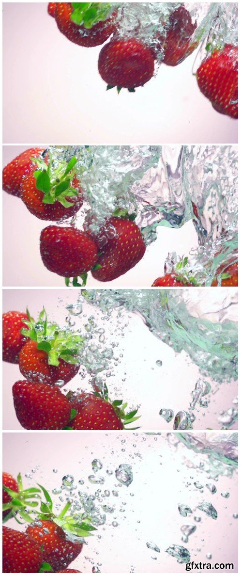 Video footage fresh strawberry dropped into water with splash on backgrounds