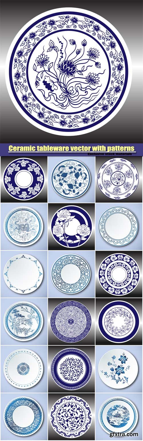 Ceramic tableware vector with patterns and ornaments