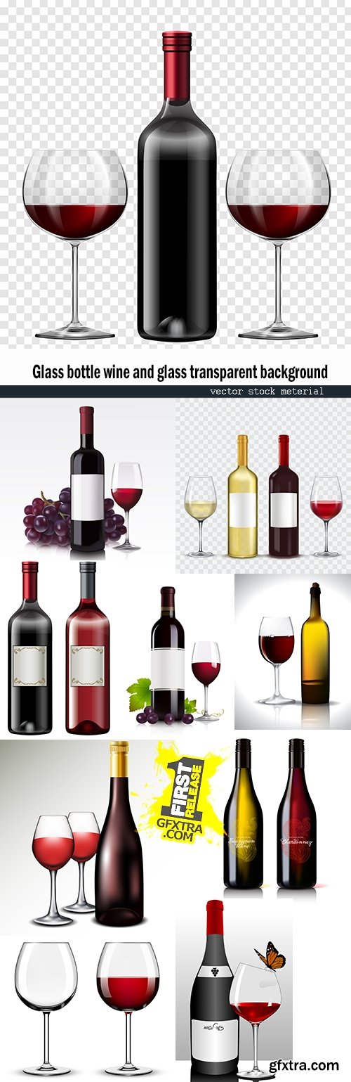 Glass bottle wine and glass transparent background