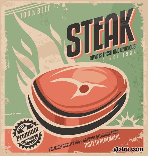 Collection of steak barbecue grill meal menu poster restaurant 25 EPS