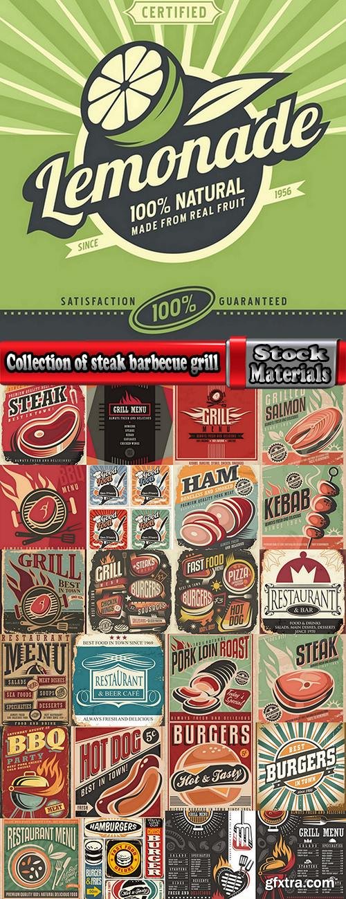 Collection of steak barbecue grill meal menu poster restaurant 25 EPS