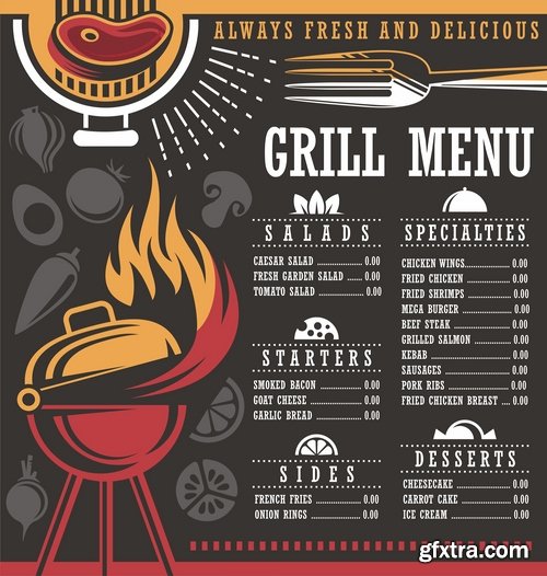 Collection of steak barbecue grill meal menu poster restaurant 25 EPS