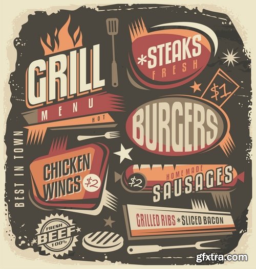 Collection of steak barbecue grill meal menu poster restaurant 25 EPS