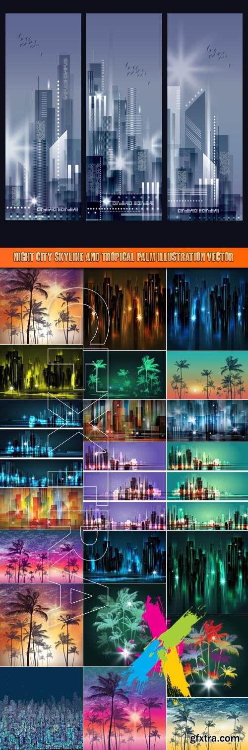 Night city skyline and tropical palm illustration vector