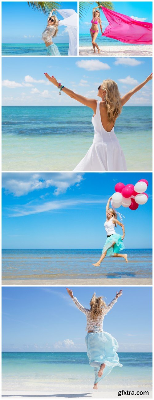 Happy woman on the ocean shore 5X JPEG