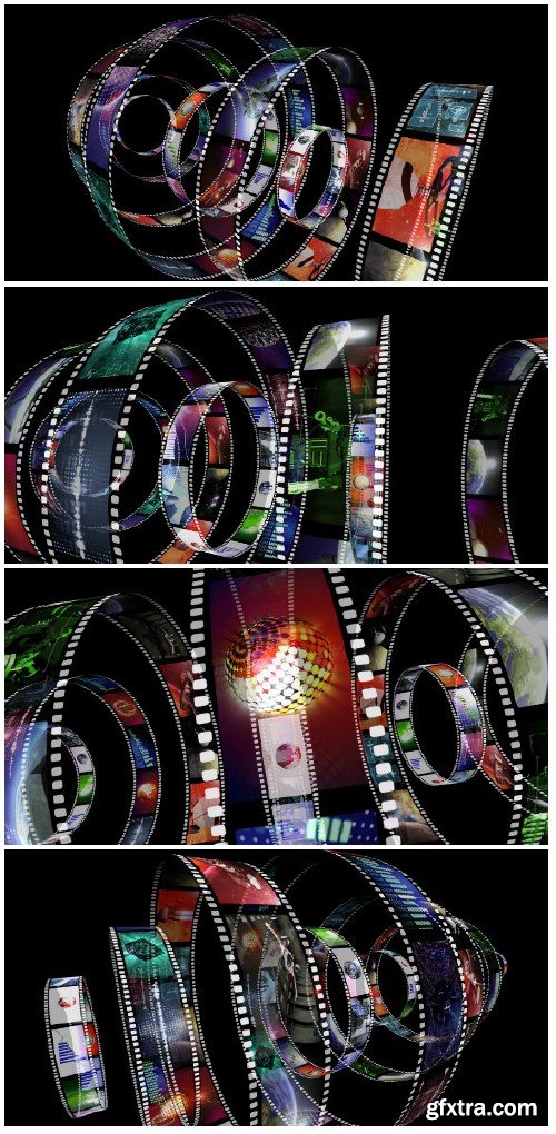 Video footage Animation of rotating film reels with a variety of clips
