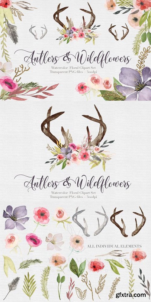 CM - Antlers & flowers Watercolor Clipart 442983