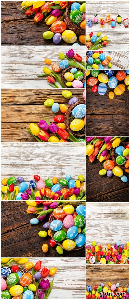 Easter eggs and tulips on wooden background 13X JPEG