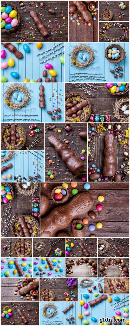 Chocolate easter eggs and sweets on wooden background 29X JPEG