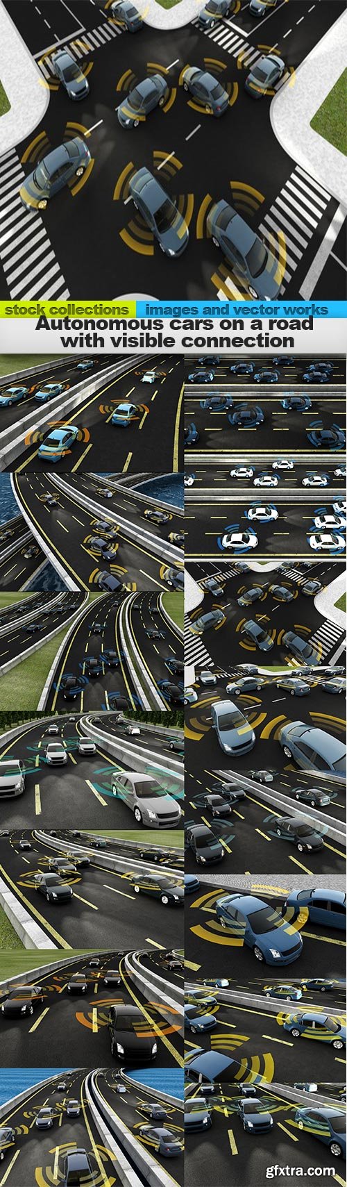 Autonomous cars on a road with visible connection, 15 x UHQ JPEG