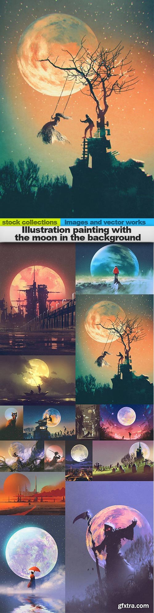 Illustration painting with the moon in the background, 15 x UHQ JPEG