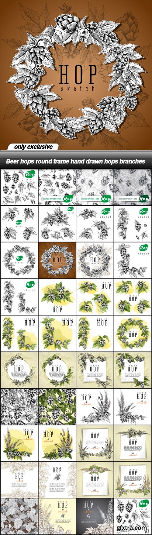 Beer hops round frame hand drawn hops branches - 39 EPS