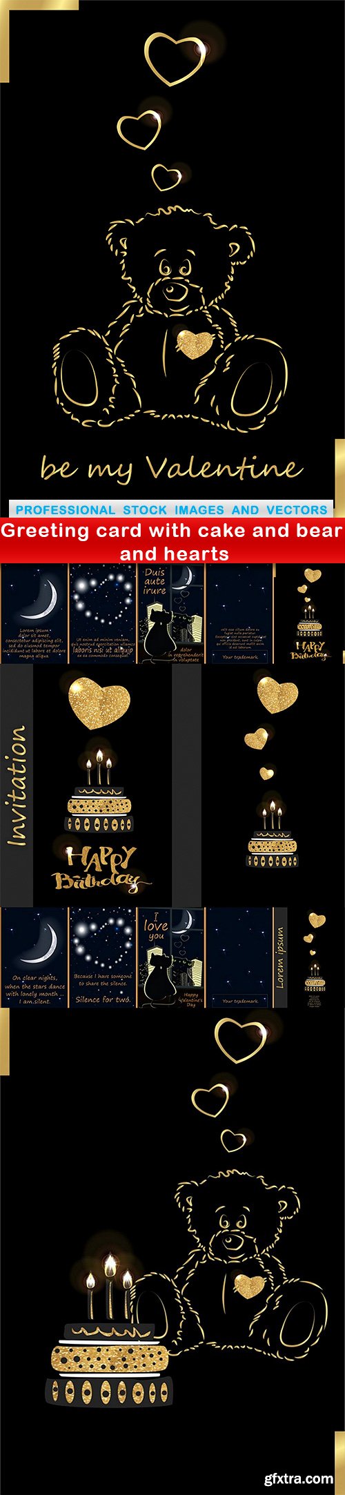 Greeting card with cake and bear and hearts - 8 EPS