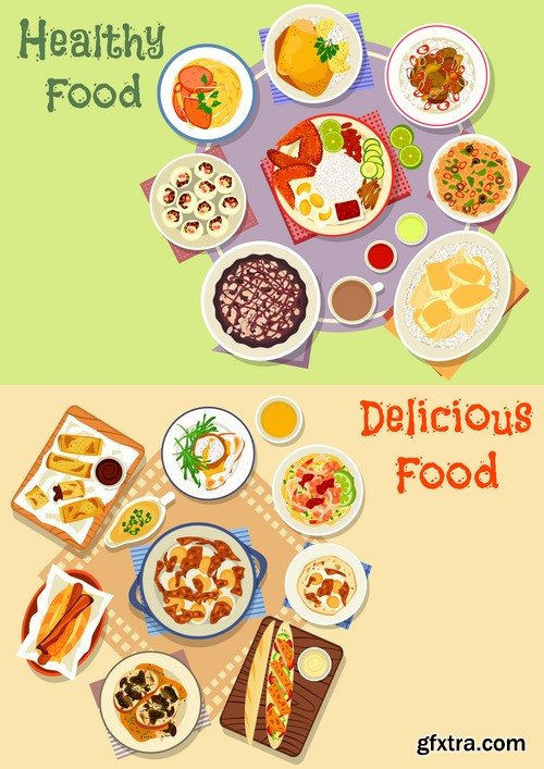 Collection of various food dishes banner flyer meal menu card cover 25 EPS