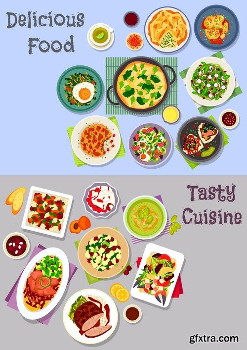 Collection of various food dishes banner flyer meal menu card cover 25 EPS