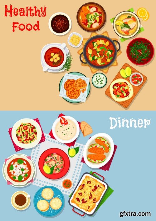 Collection of various food dishes banner flyer meal menu card cover 25 EPS