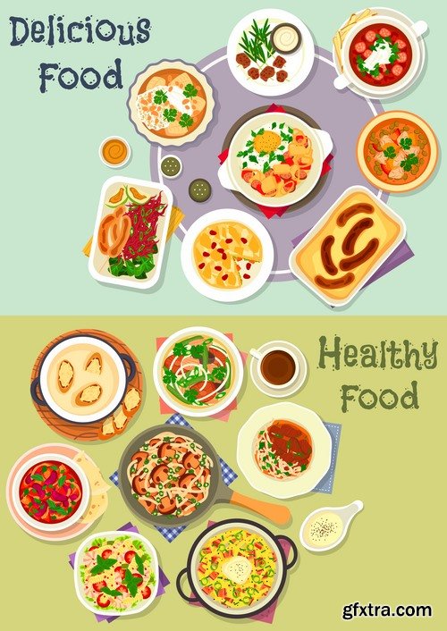 Collection of various food dishes banner flyer meal menu card cover 25 EPS