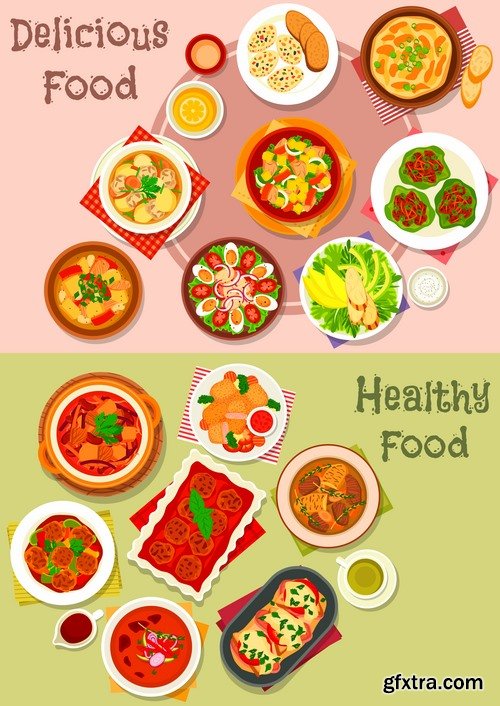 Collection of various food dishes banner flyer meal menu card cover 25 EPS