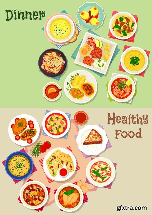 Collection of various food dishes banner flyer meal menu card cover 25 EPS