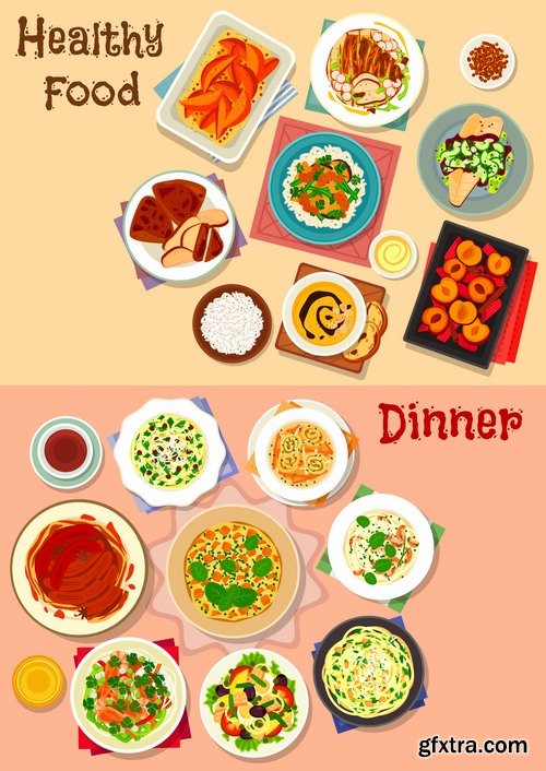 Collection of various food dishes banner flyer meal menu card cover 25 EPS