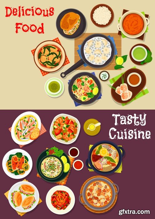 Collection of various food dishes banner flyer meal menu card cover 25 EPS