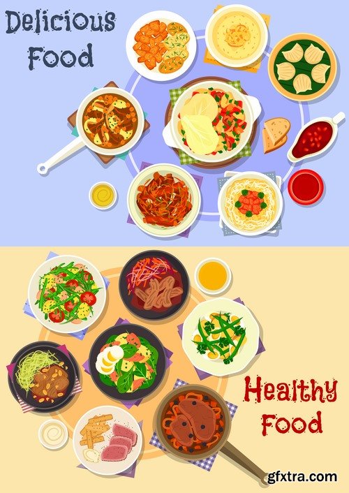 Collection of various food dishes banner flyer meal menu card cover 25 EPS