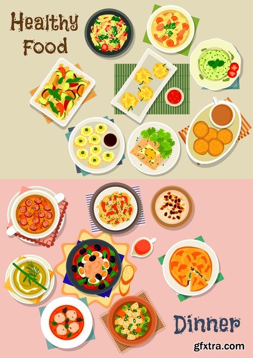 Collection of various food dishes banner flyer meal menu card cover 25 EPS