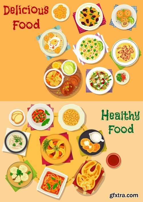 Collection of various food dishes banner flyer meal menu card cover 25 EPS