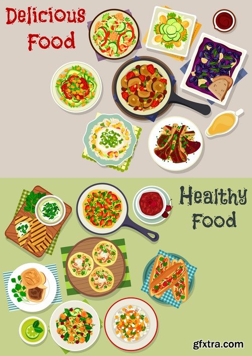 Collection of various food dishes banner flyer meal menu card cover 25 EPS