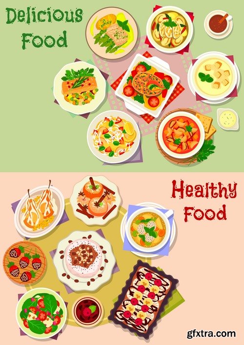 Collection of various food dishes banner flyer meal menu card cover 25 EPS