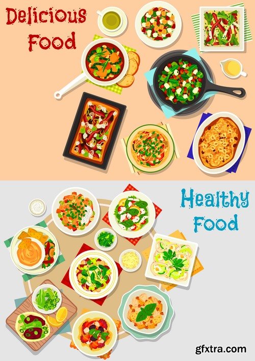 Collection of various food dishes banner flyer meal menu card cover 25 EPS