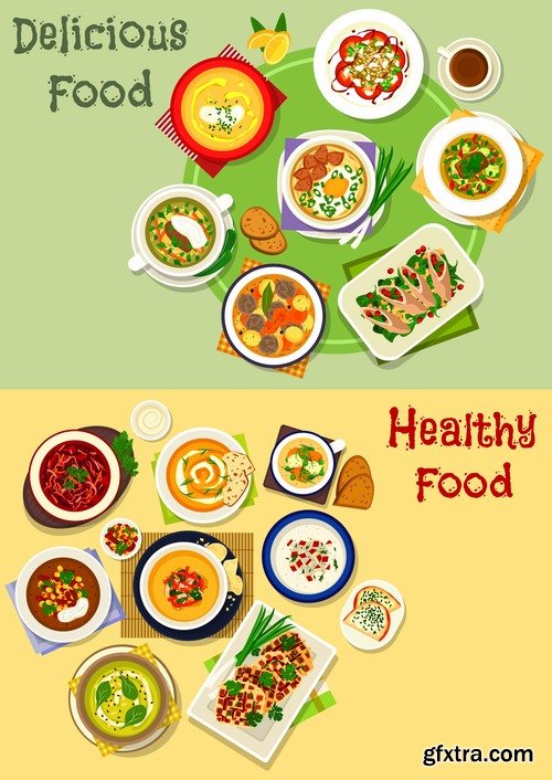 Collection of various food dishes banner flyer meal menu card cover 25 EPS