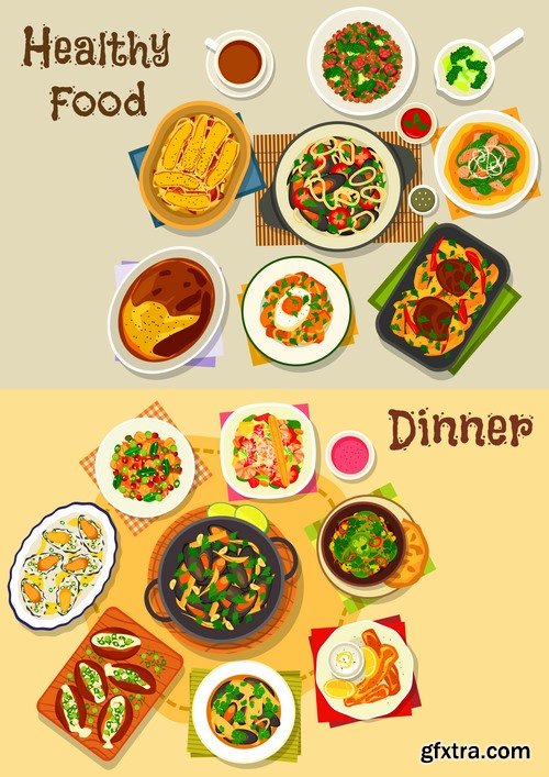 Collection of various food dishes banner flyer meal menu card cover 25 EPS